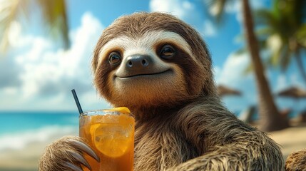 Fototapeta premium Cheerful sloth enjoying a refreshing drink on a tropical beach day