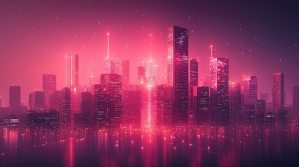 Fototapeta premium Futuristic neon cityscape at night with illuminated skyscrapers and digital glow