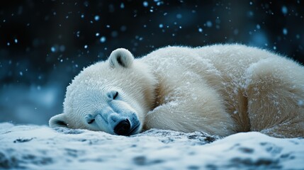 Obraz premium Peaceful polar bear sleeping in snowy winter wonderland