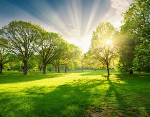 green natural background with sun rays and trees in spring park