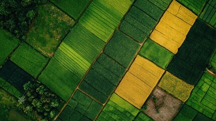 Aerial view geometric pattern agricultural fields green yellow crops farming