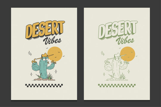 retro 70s poster or graphic t-shirt design featuring a chill cactus character in a desert scene, vector illustration