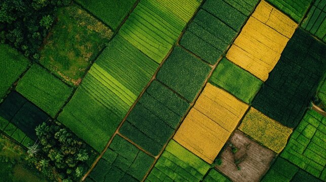 Aerial view geometric pattern agricultural fields green yellow crops farming