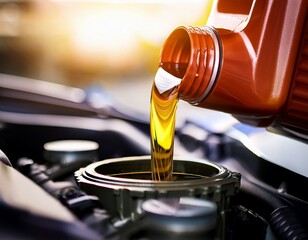 change and pour new car engine oil into the motor banner with copy space
