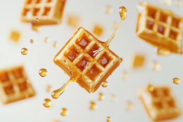 Waffles with syrup dripping down on a bright background food