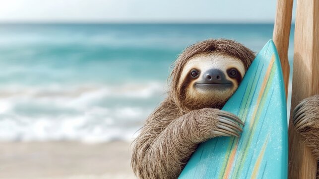 Relaxed sloth lounging with surfboard on tropical beach