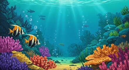 Fototapeta premium Underwater Scene with Colorful Coral Reef and Striped Fish Sunlit Ocean Depths