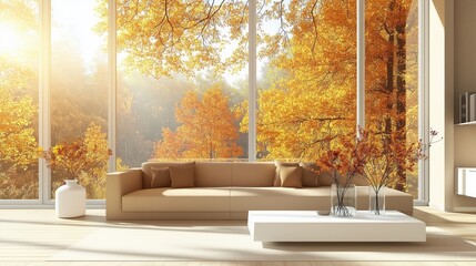 Modern living room with autumnal view