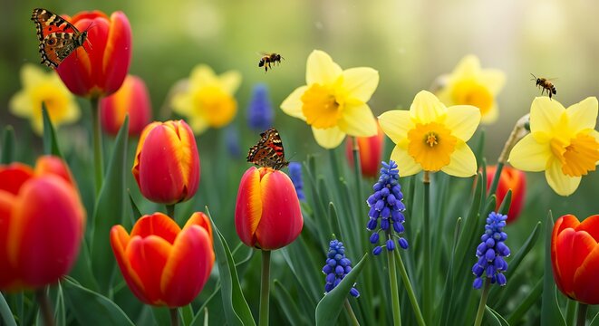 Vibrant spring garden with tulips daffodils grape hyacinths butterflies and bees