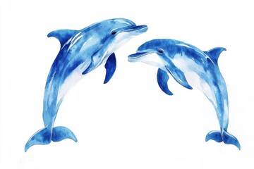 Watercolor painting of two dolphins jumping on white canvas