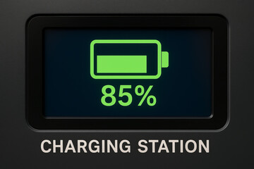 Digital screen at a charging station showing a green battery icon with 85% charge — symbol of electric mobility and energy efficiency