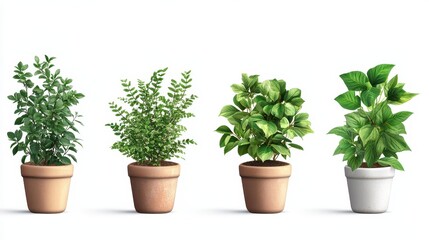 Four potted indoor plants against white background: home greenery display