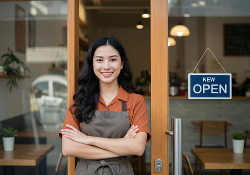 Smiling Asian woman stands in front of shop door with crossed arms and an apron, welcoming clients into her new small business, displaying an 'Open'