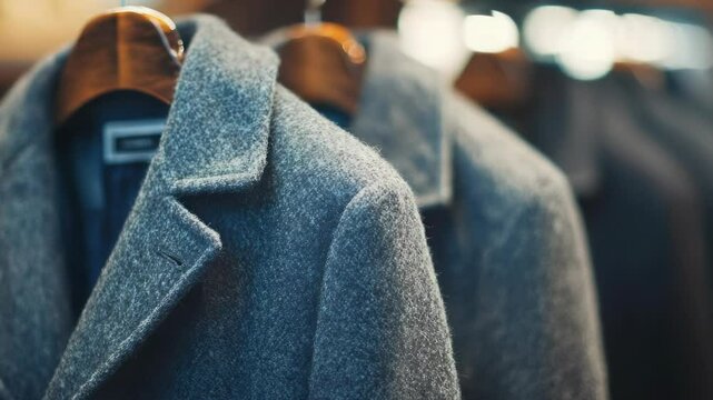 A close-up shot of a coat hanging on a rack