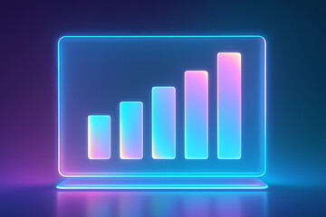 A futuristic glowing neon bar chart inside a translucent digital frame, symbolizing analytics, technology, and business intelligence.