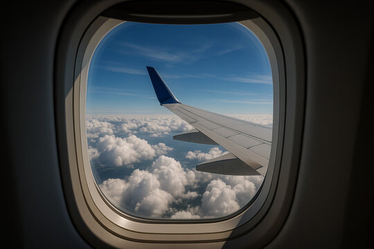A stunning view of an aircraft wing above the clouds through a passenger window, capturing travel, freedom, and the beauty of flight.