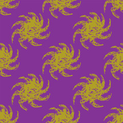 Seamless repeating pattern with abstract spiral shapes or stylized flowers. Hand drawn rough sketches. Yellow silhouettes on purple background.