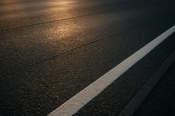 Close-up of a dark asphalt road surface with a white line marking, softly illuminated by evening light. Clean and minimal urban transportation concept.