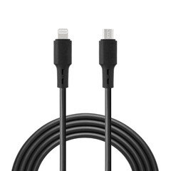 Black cable for charging and synchronization with Lightning and Micro USB connectors on a white...