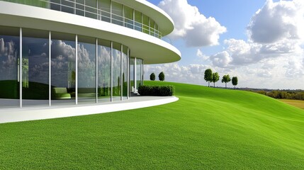 Fototapeta premium Futuristic modern residence with verdant landscape.
