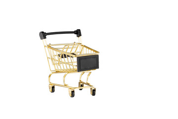 shopping trolley side view gold, yellow and black color cart on isolated white background close up