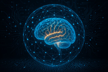 Glowing blue digital brain surrounded by neural network sphere, symbolizing artificial intelligence, deep learning, and modern data science.