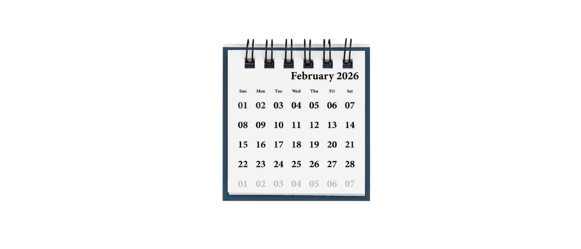 Desktop calendar for February 2026 in white colour. Mini planner for business and finance, spiral view on isolated white background close up.