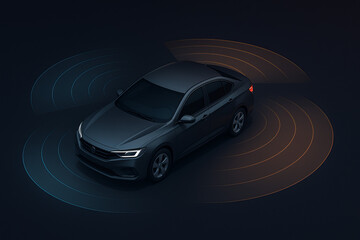Modern autonomous car with highlighted sensor zones for front, side, and rear detection, representing self-driving and smart safety technology.