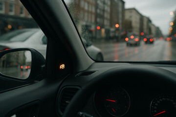 View from inside a car during rain with a blind spot warning indicator lit up on the mirror pillar, alerting the driver about nearby vehicles.