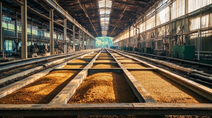 Obraz premium Industrial warehouse interior showcasing drying process of raw materials under natural light