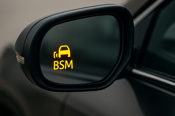 Close-up of a side mirror with illuminated BSM (Blind Spot Monitoring) alert icon, indicating vehicle presence in blind spot zone.