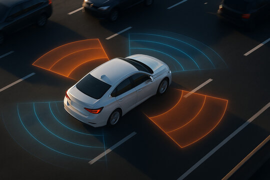 Top view of a white car on multilane road with digital radar zones highlighted, visualizing autonomous vehicle sensor coverage.