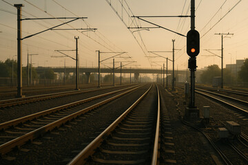 Multiple train tracks with a red signal in the evening light, showcasing transportation, infrastructure, and the beauty of industrial landscapes.