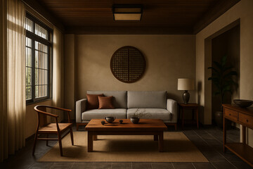 Warm and traditional Asian-style living room with wooden furniture, soft ambient light, and balanced decorative elements for a peaceful and elegant interior.