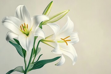 Obraz premium Close up shot of beautiful white lilies with green leaves