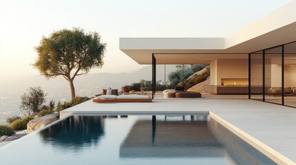 Fototapeta premium Modern Hilltop Villa with Infinity Pool at Sunset