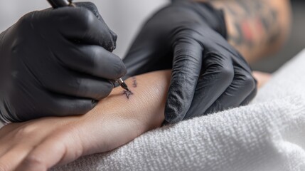 Close-up of tattoo artist creating a hand tattoo design in studio