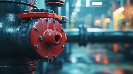 Industrial red valve close up detailed pipes system equipment wet iron nuts dark metal steel bolts