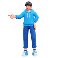 3D Character Pointing in Blue Outfit