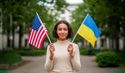 Woman Holding American and Ukrainian Flags, International Support Concept