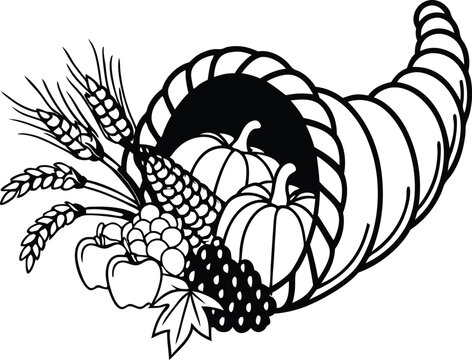 black and white cornucopia harvest bounty clip art preview