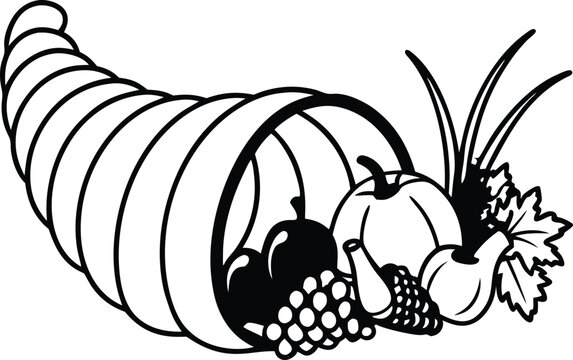 black and white cornucopia with harvest fruits clip art preview