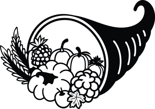 black cornucopia harvest with pumpkins and fruits clip art preview
