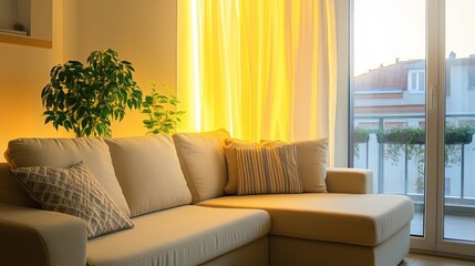Naklejka premium Cozy living room with sofa by sunlight window