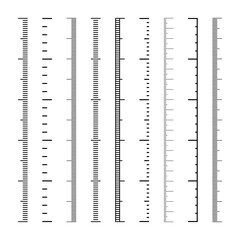 Vertical measurement scales with divisions. Realistic scale for measuring length or height in centimeters, millimeters or inches. Ruler, tape measure marks, size indicators. Vector illustration
