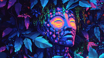 Ancient carving, pixelated vine tradition evolving. [Neon Folklore] | Neon Lore | digital tradition. Illustration