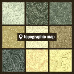 Colorful topographic map with contour lines. Geographic terrain grid, relief height elevation. Ground path pattern. Travel and navigation, cartography design element. Vector illustration