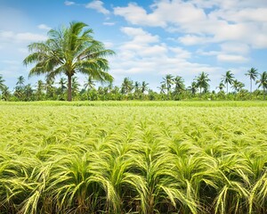 Lush Green Rice Paddy Field with Palm Trees under Sunny Sky