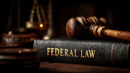 Symbol of justice with judges gavel and federal law book on desk