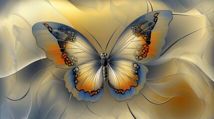 Illustration of a stylized, fantastical butterfly in blue, white orange